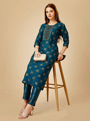 Navy Blue Embroidered Women Kurta Pant Set-Blue1065