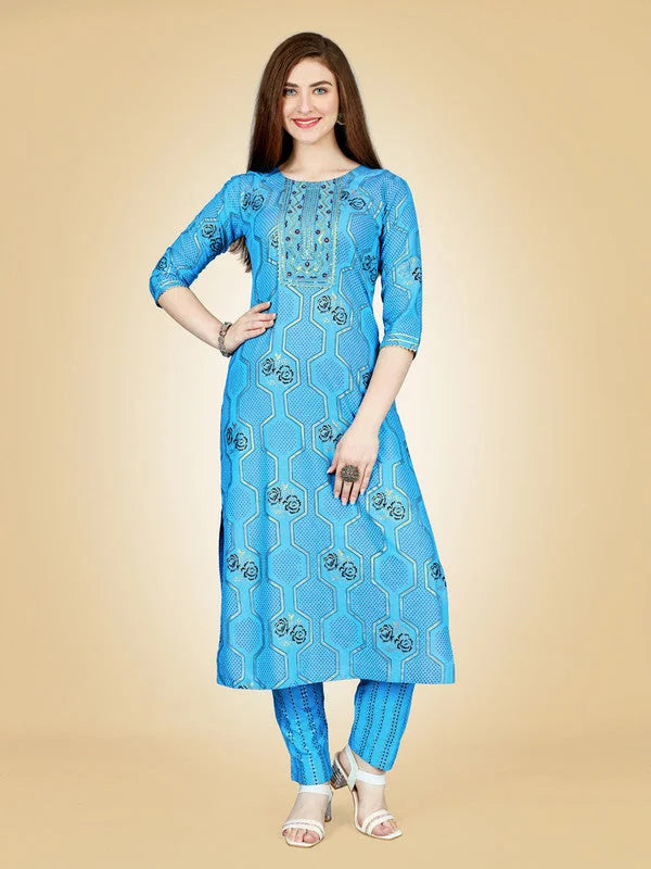 Blue Embroidered Kurta Pant Set - Women's Indian Kurta Sets