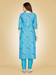 Blue Embroidered Women Kurta Pant Set-Skyblue1066