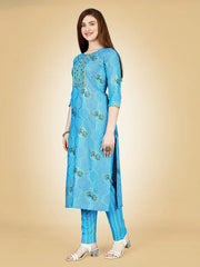 Blue Embroidered Women Kurta Pant Set-Skyblue1066