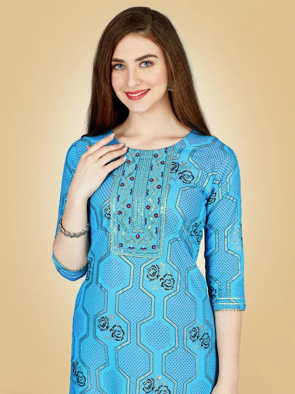 Blue Embroidered Kurta Pant Set - Women's Indian Kurta Sets