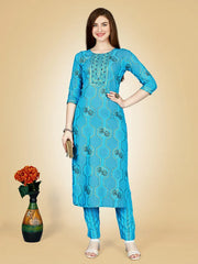 Blue Embroidered Women Kurta Pant Set-Skyblue1066