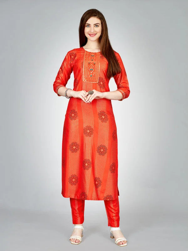 Orange Embroidered Women Kurta Pant Set-Orange1068