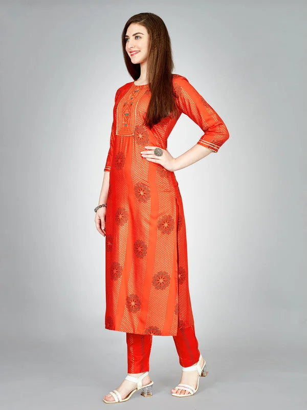 Orange Embroidered Women's Kurta Pant Set | Designer Kurta Sets