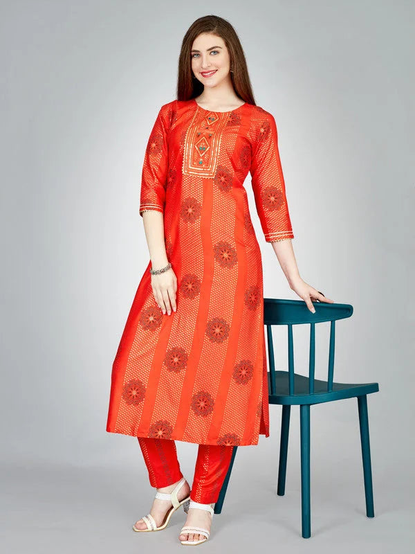 Orange Embroidered Women's Kurta Pant Set | Designer Kurta Sets