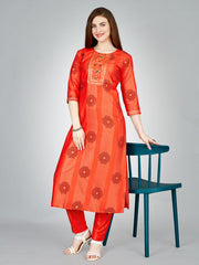 Orange Embroidered Women Kurta Pant Set-Orange1068