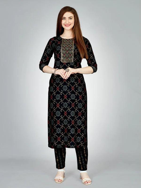 Black Embroidered Women Kurta Pant Set-Black1069