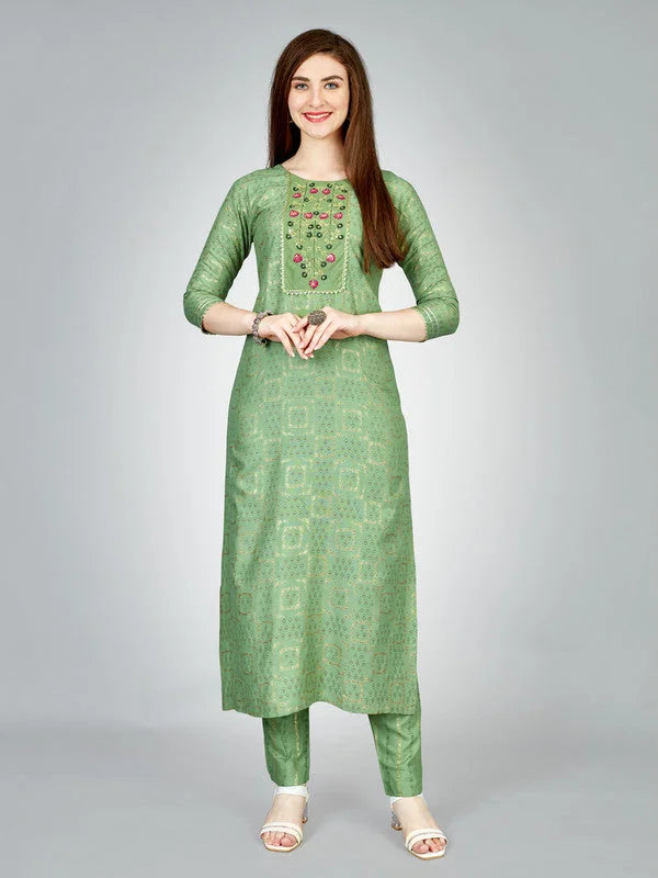 Green Embroidered Rayon Women's Kurta Pant Set | Kurta Set