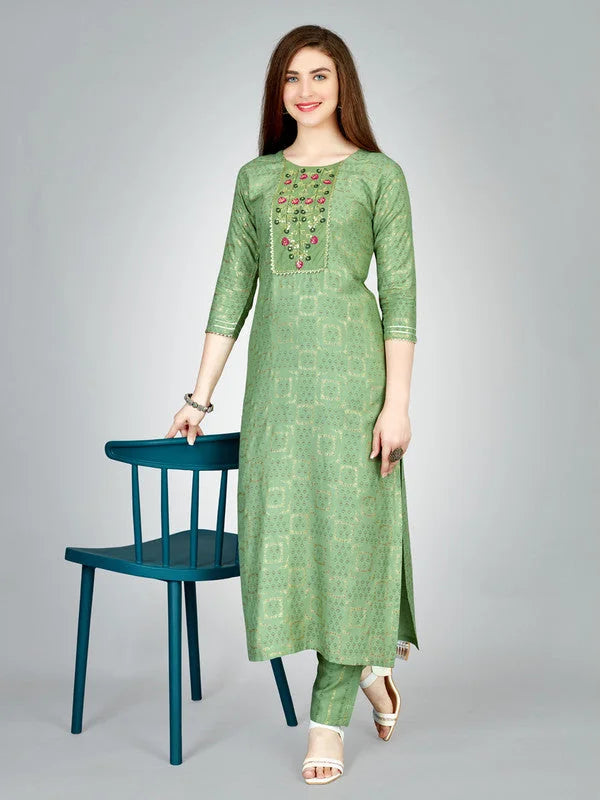Green Embroidered Rayon Women's Kurta Pant Set | Kurta Set