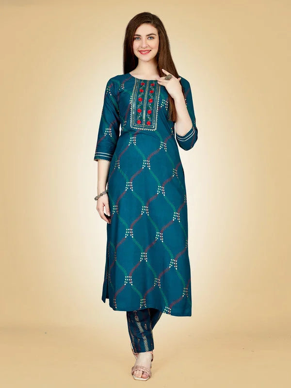 Navy Blue Embroidered Women Kurta Pant Set-Blue1071