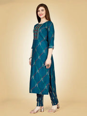Navy Blue Embroidered Women Kurta Pant Set-Blue1071