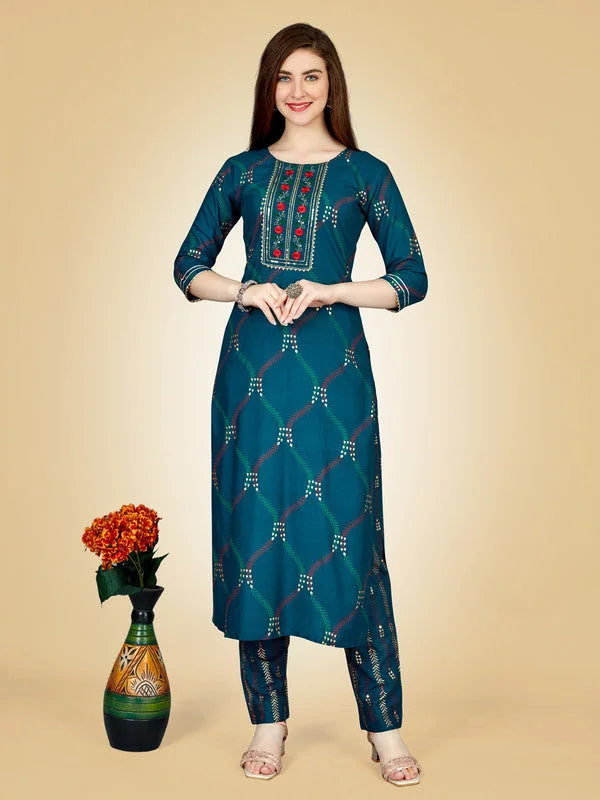 Navy Embroidered Kurta Pant Set - Women's Indian Kurta Sets