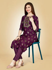 Purple Embroidered Women Kurta Pant Set-Purple1072