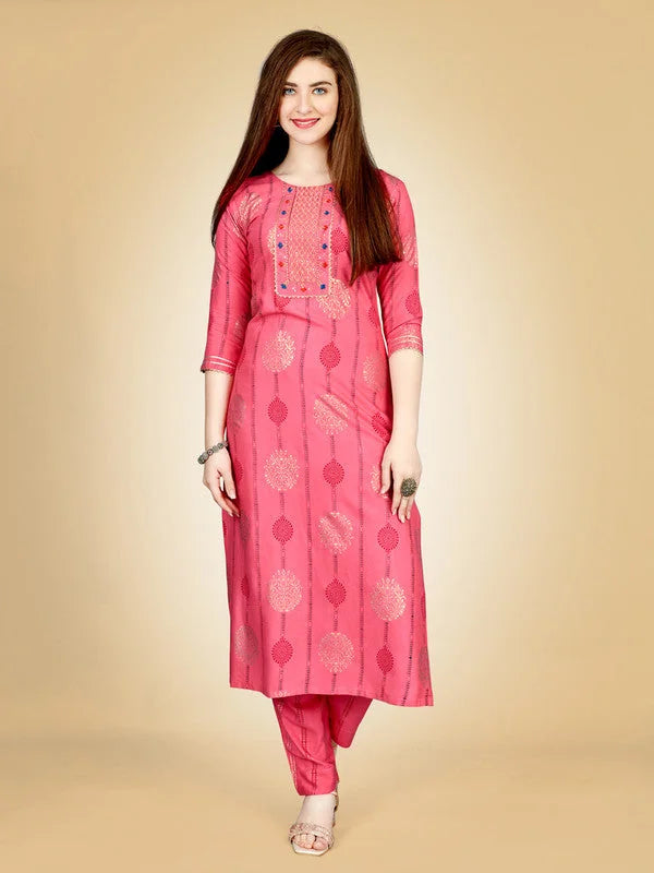 Pink Embroidered Rayon Women's Kurta Pant Set | Indian Kurta