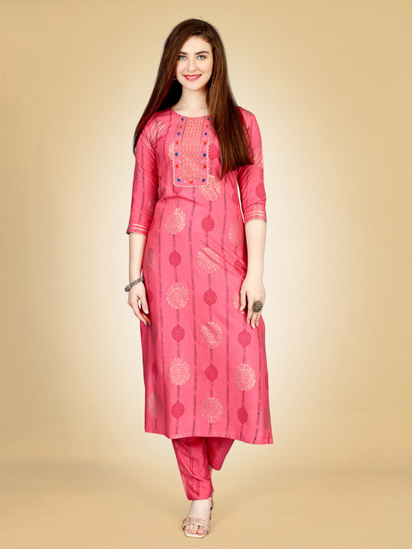 Pink Embroidered Women Kurta Pant Set-Pink1073