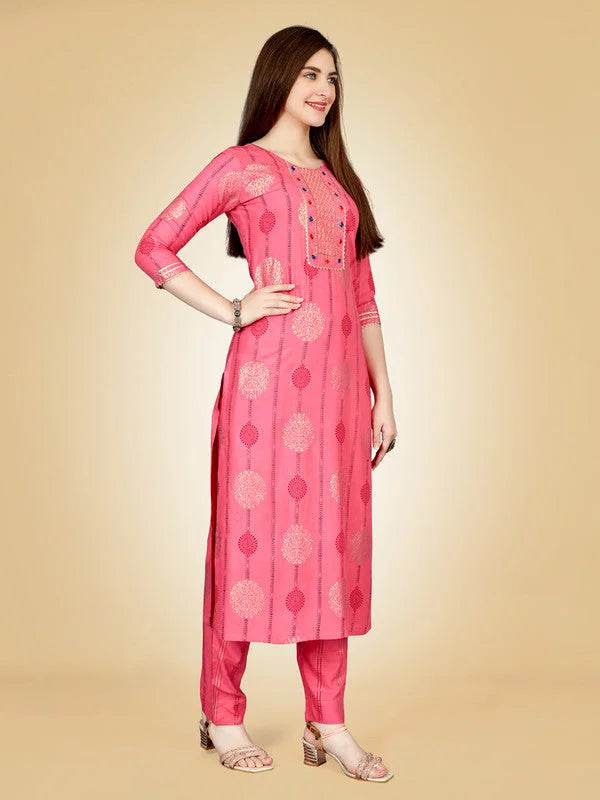 Pink Embroidered Rayon Women's Kurta Pant Set | Indian Kurta