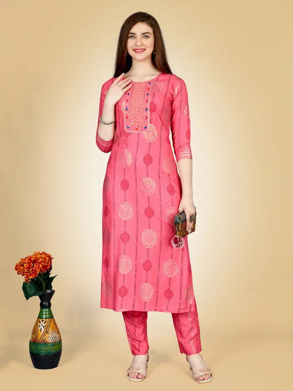 Pink Embroidered Rayon Women's Kurta Pant Set | Indian Kurta