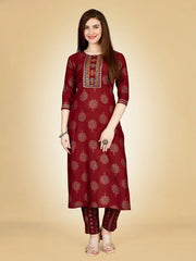 Maroon Embroidered Women Kurta Pant Set-Maroon1074