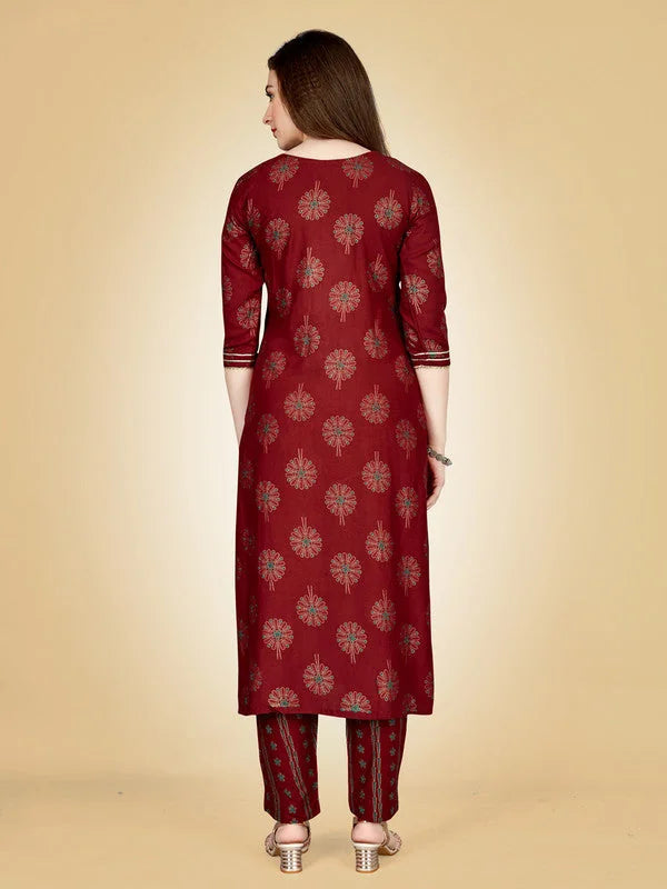 Maroon Embroidered Rayon Women's Kurta Pant Set | Indian
