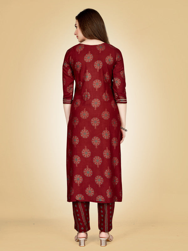 Maroon Embroidered Rayon Women's Kurta Pant Set | Indian