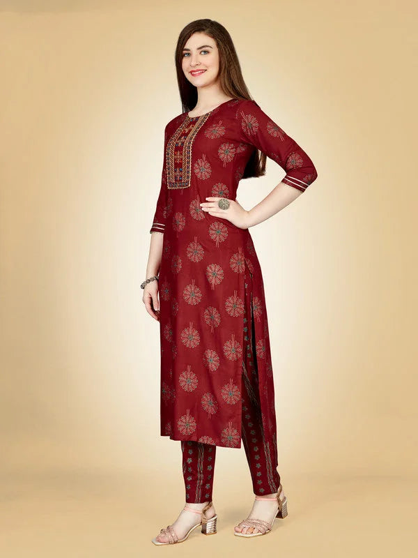 Maroon Embroidered Rayon Women's Kurta Pant Set | Indian