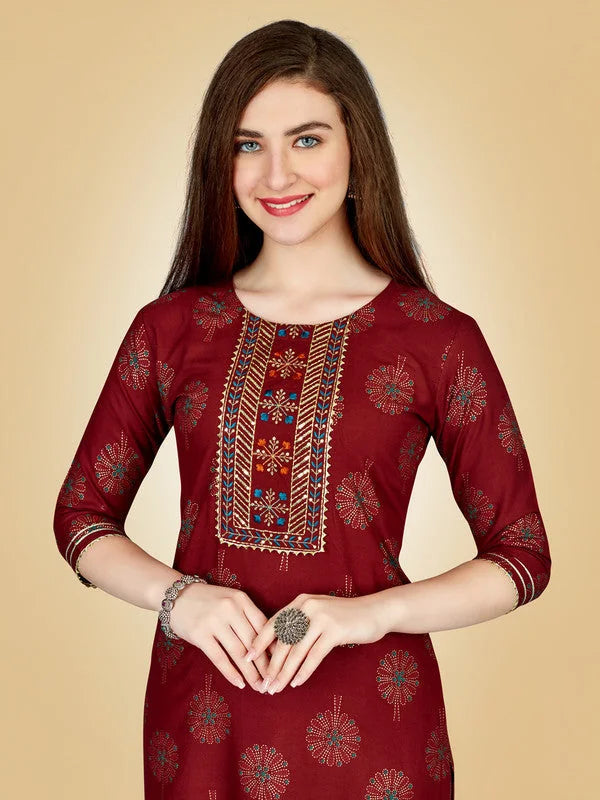 Maroon Embroidered Rayon Women's Kurta Pant Set | Indian