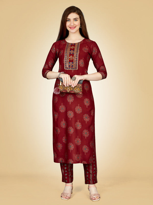 Maroon Embroidered Rayon Women's Kurta Pant Set | Indian