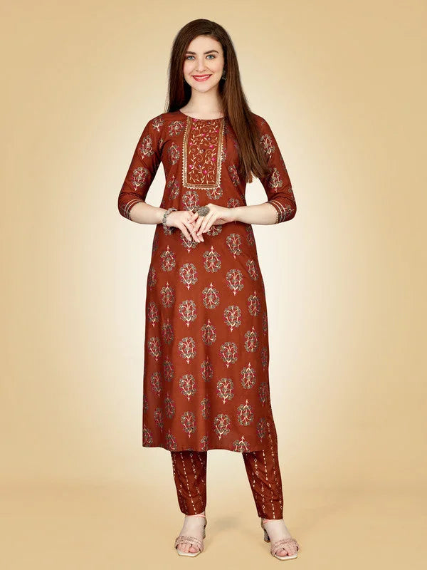 Rust Embroidered Women's Kurta Pant Set | Indian Kurta Sets