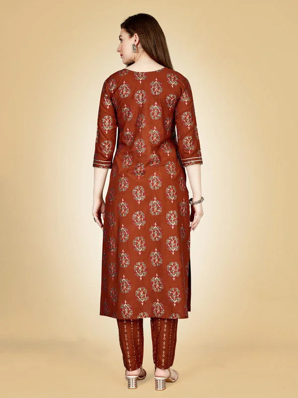 Rust Embroidered Women's Kurta Pant Set | Indian Kurta Sets