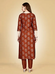 Rust Embroidered Women Kurta Pant Set-Rust1075