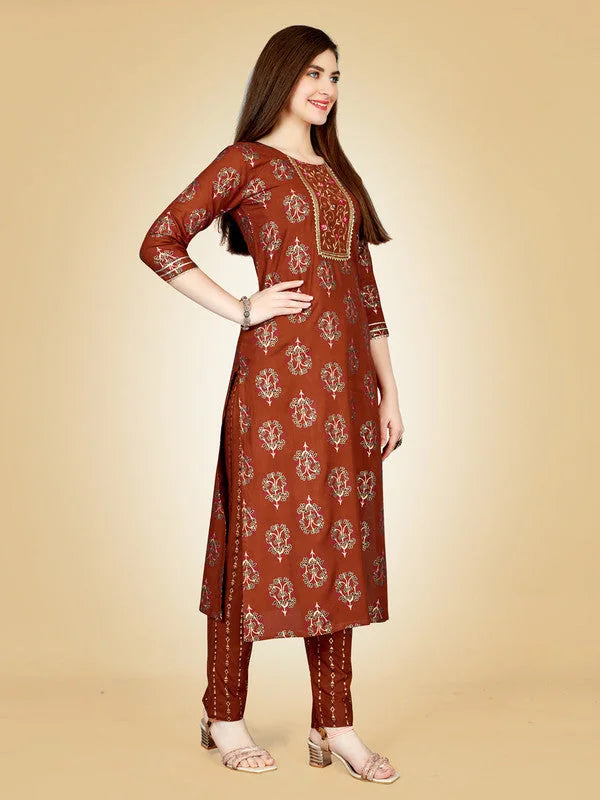 Rust Embroidered Women's Kurta Pant Set | Indian Kurta Sets