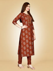 Rust Embroidered Women Kurta Pant Set-Rust1075