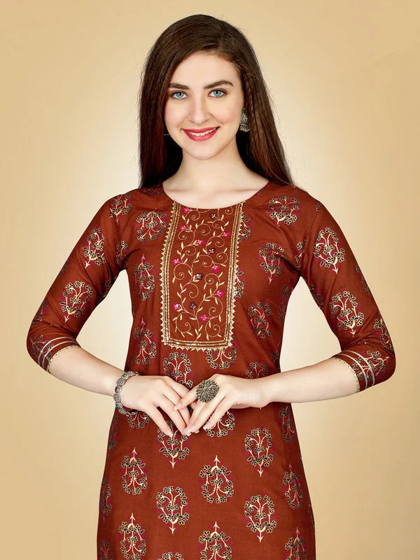 Rust Embroidered Women's Kurta Pant Set | Indian Kurta Sets