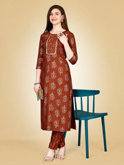 Rust Embroidered Women Kurta Pant Set-Rust1075
