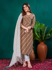 Women Kurta Pant Dupatta Set-1077COFFEE