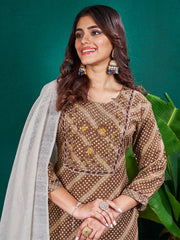 Women Kurta Pant Dupatta Set-1077COFFEE
