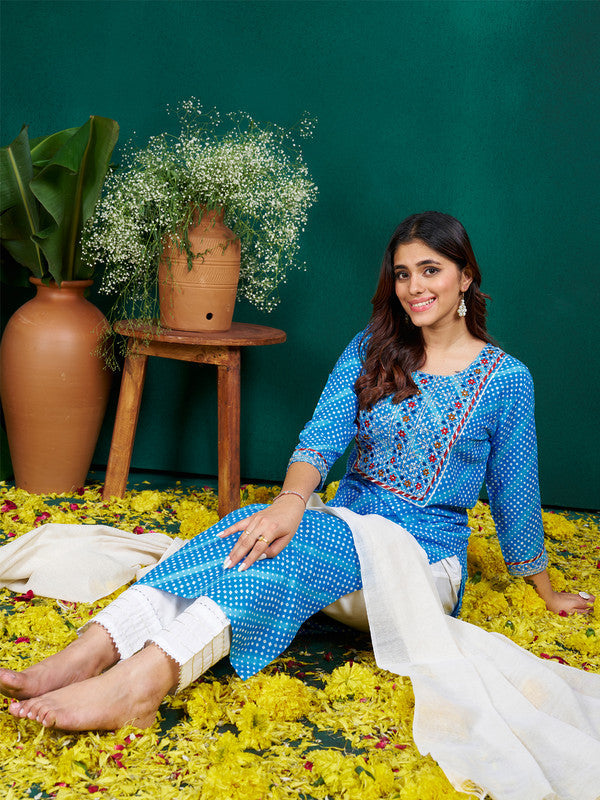 Sky Blue Women's Kurta Set with Dupatta | Cotton Kurta Sets