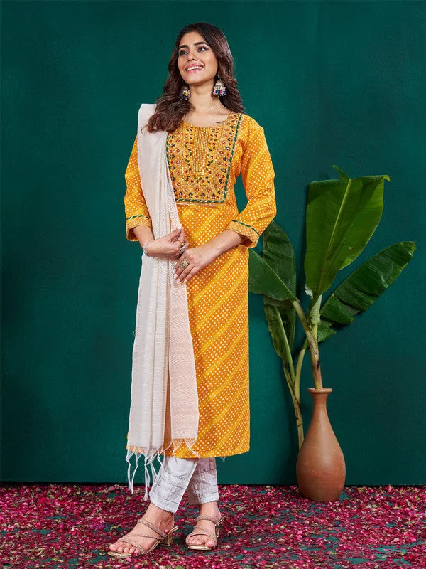 Women Kurta Pant Dupatta Set-1077YELLOW