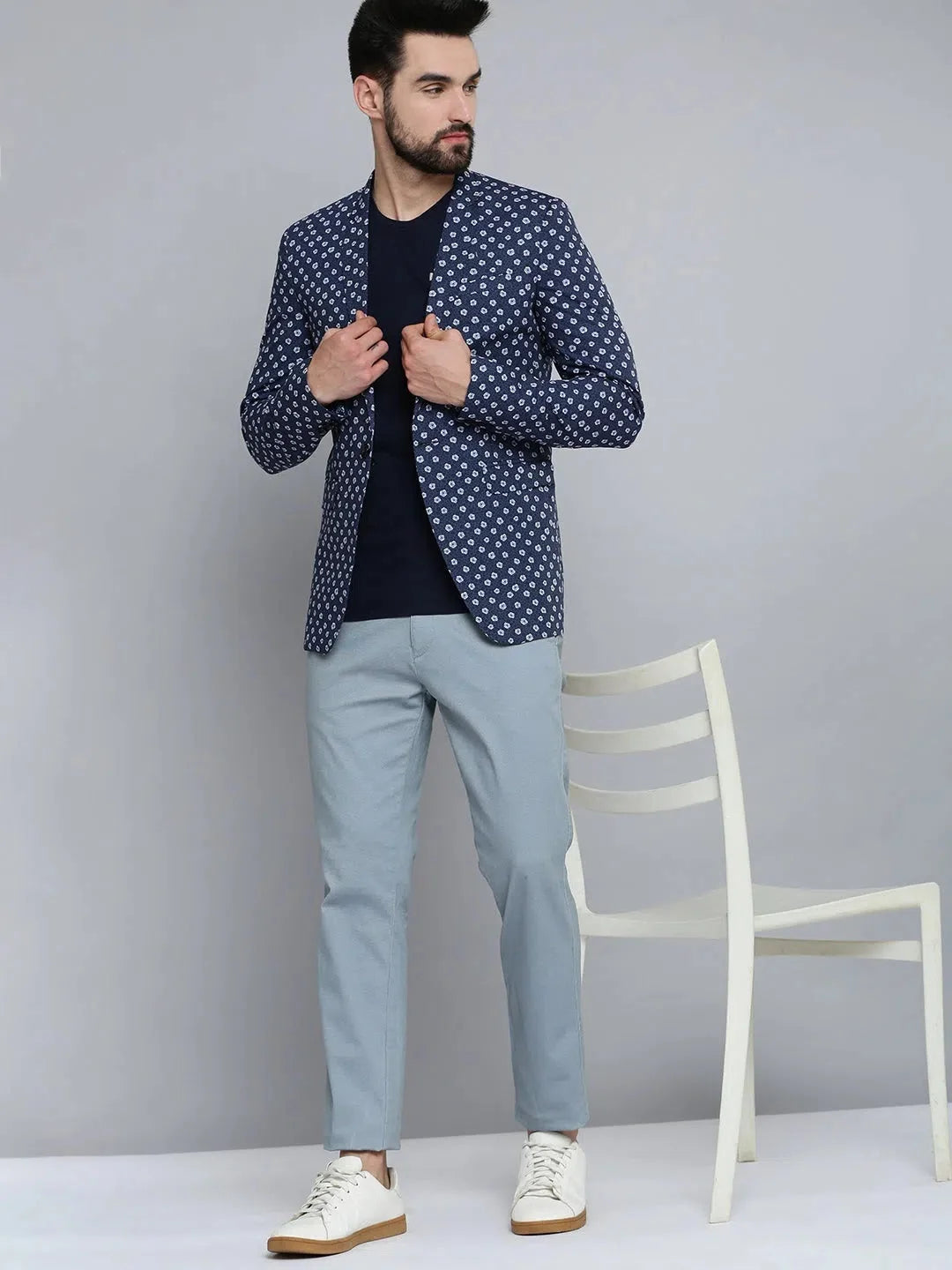 Men's Blue Printed Blazer - Modern Nehru Collar Style