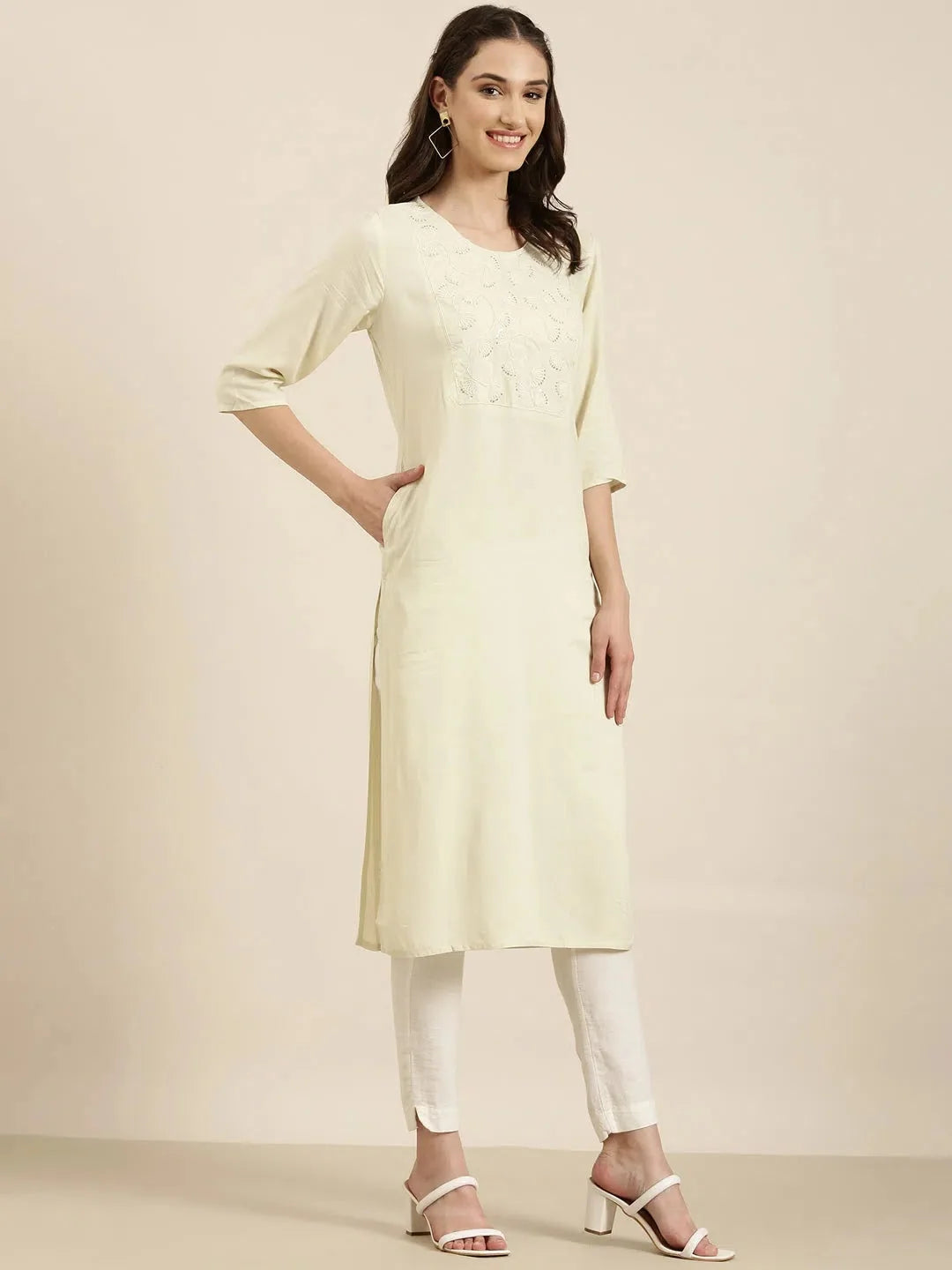 Cream Solid Cotton Kurta - Simple & Chic Indian Kurta for Women