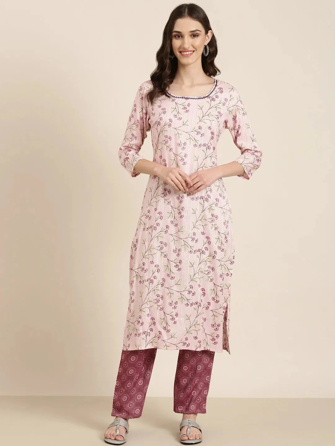 Pink Floral Cotton Kurta Set | Women's Indian Kurta Sets