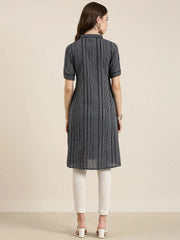 Women Navy Blue Striped A-Line Kurta-DF-1598-Navyblue