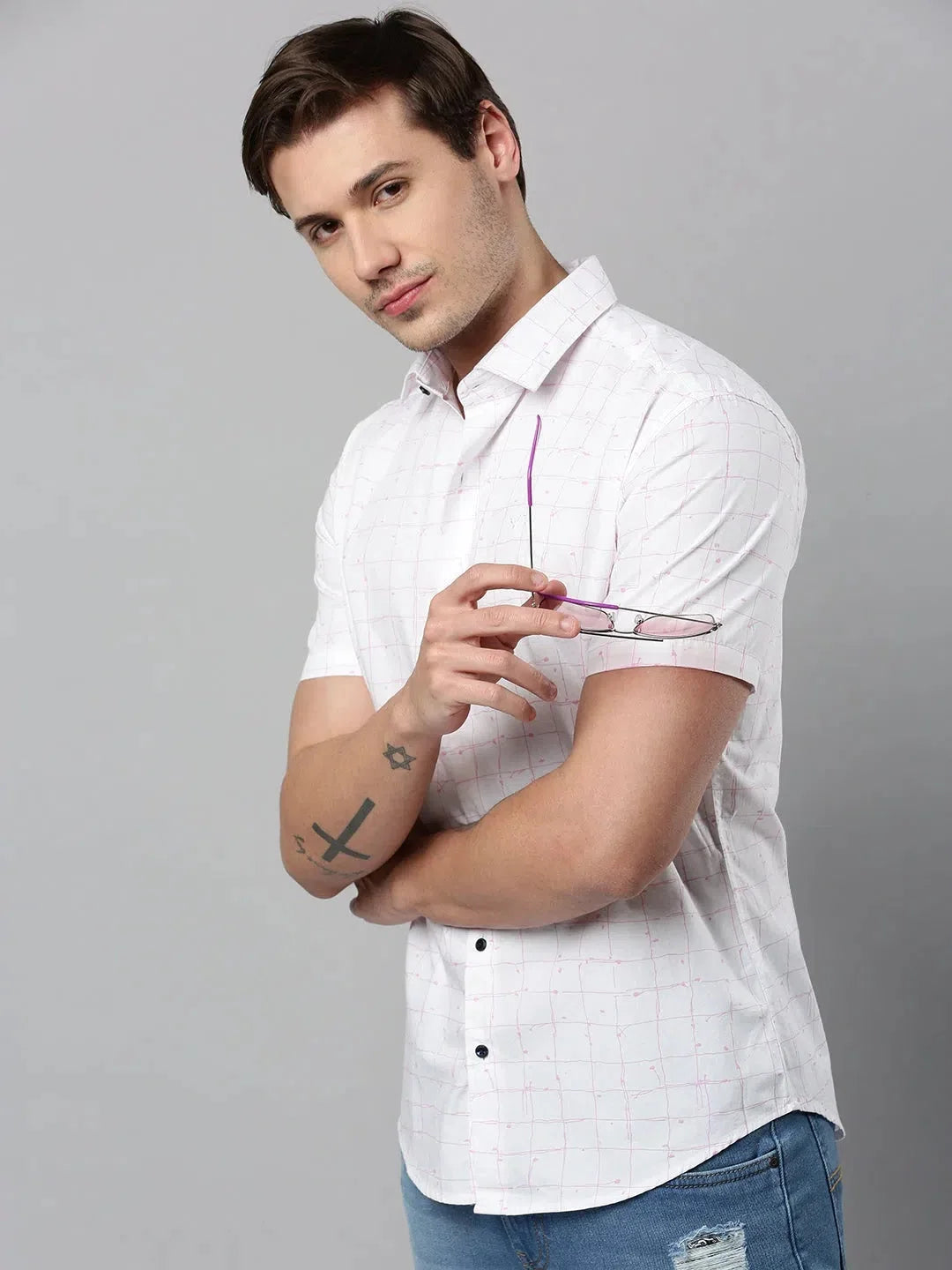 White Checked Cotton Mens Shirt | Casual Fashion DesiQlo