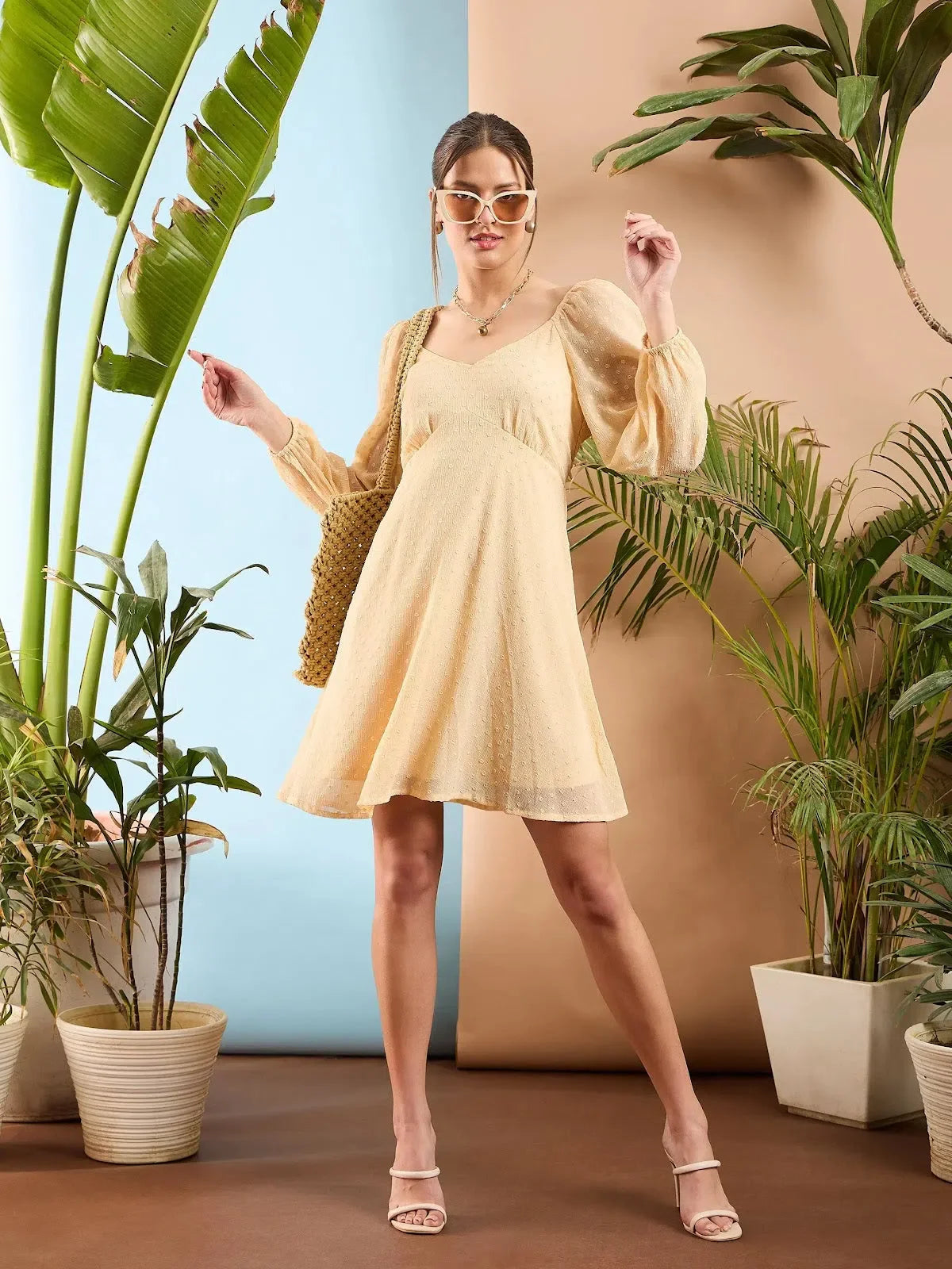 Nude Dobby Skater Dress | Sweetheart Neckline, Party Wear