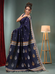 Navy Blue Cotton Handwoven Saree With Woven Designs-MA50CT061410086