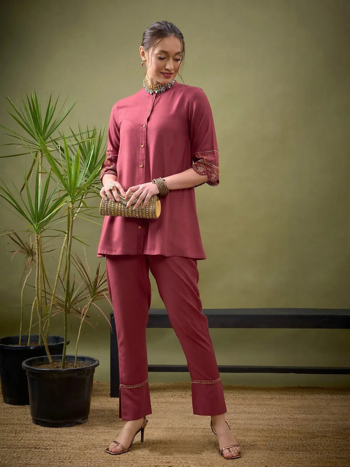 Embroidered Pink Shirt & Palazzos Suit Set | Indian Suits