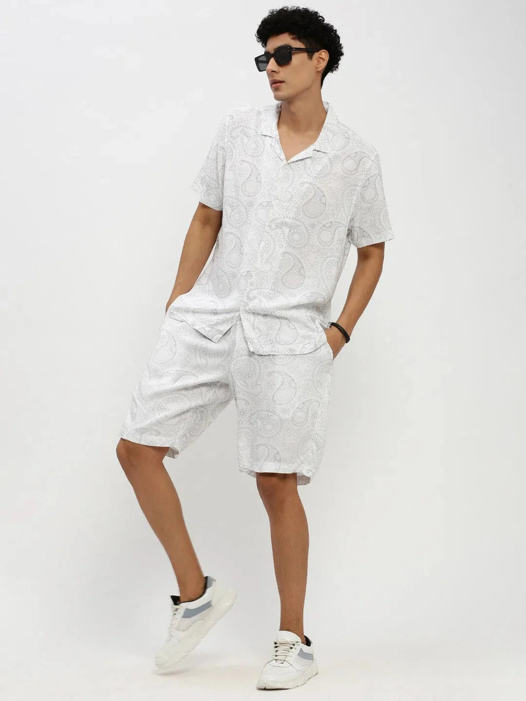 White Printed Mens Co ord Sets | Cotton Two Piece Sets