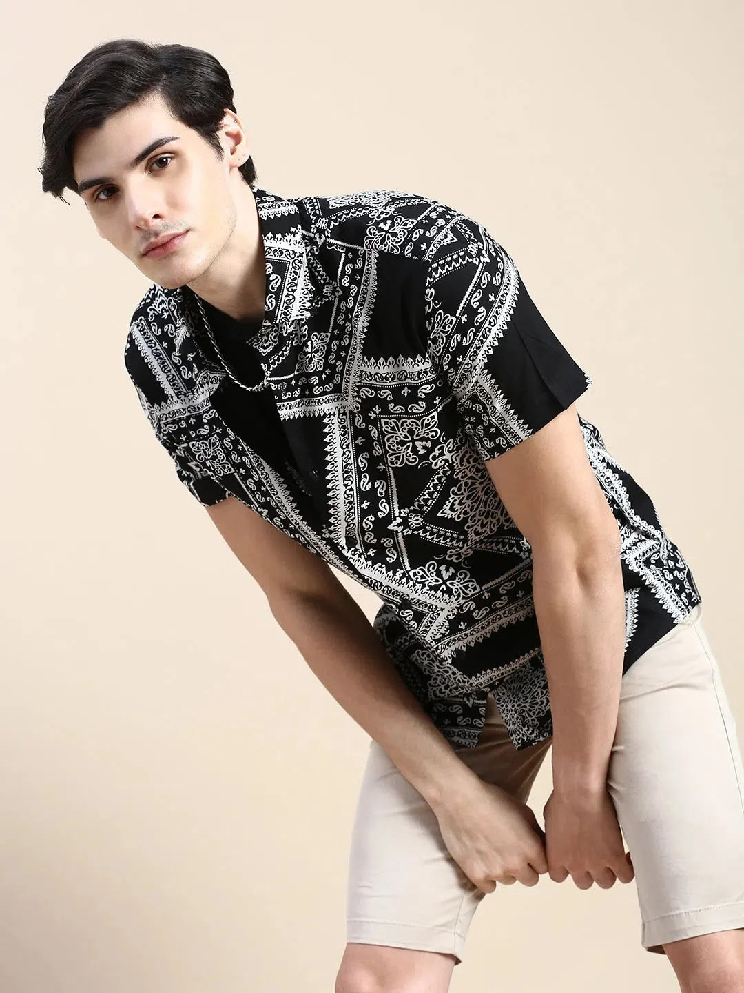 Men Black Printed Casual Shirt-GEORGE-1633-Black
