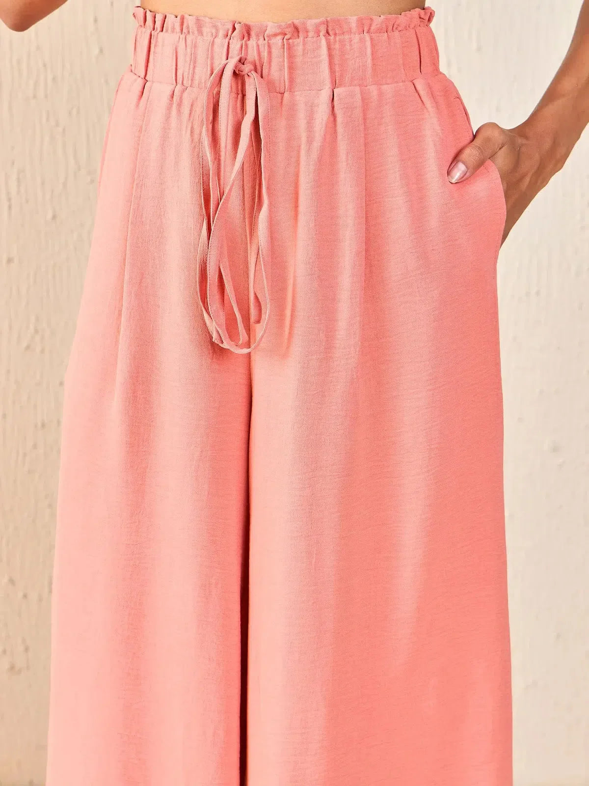 Women Dull Pink Front Button Top With Paperback Waist Pants