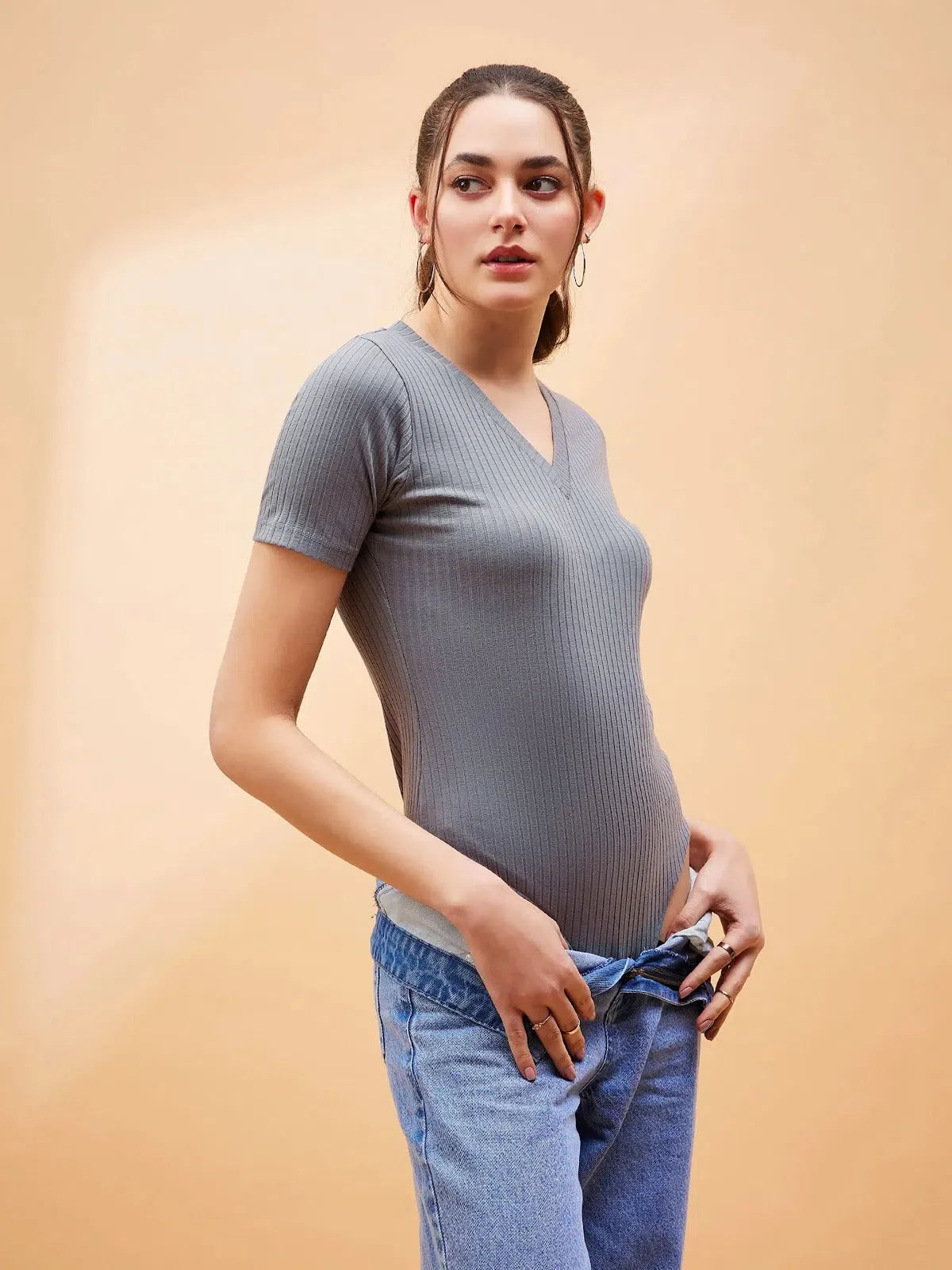 Grey Rib V-Neck Bodysuit | Cute Women's Western Wear